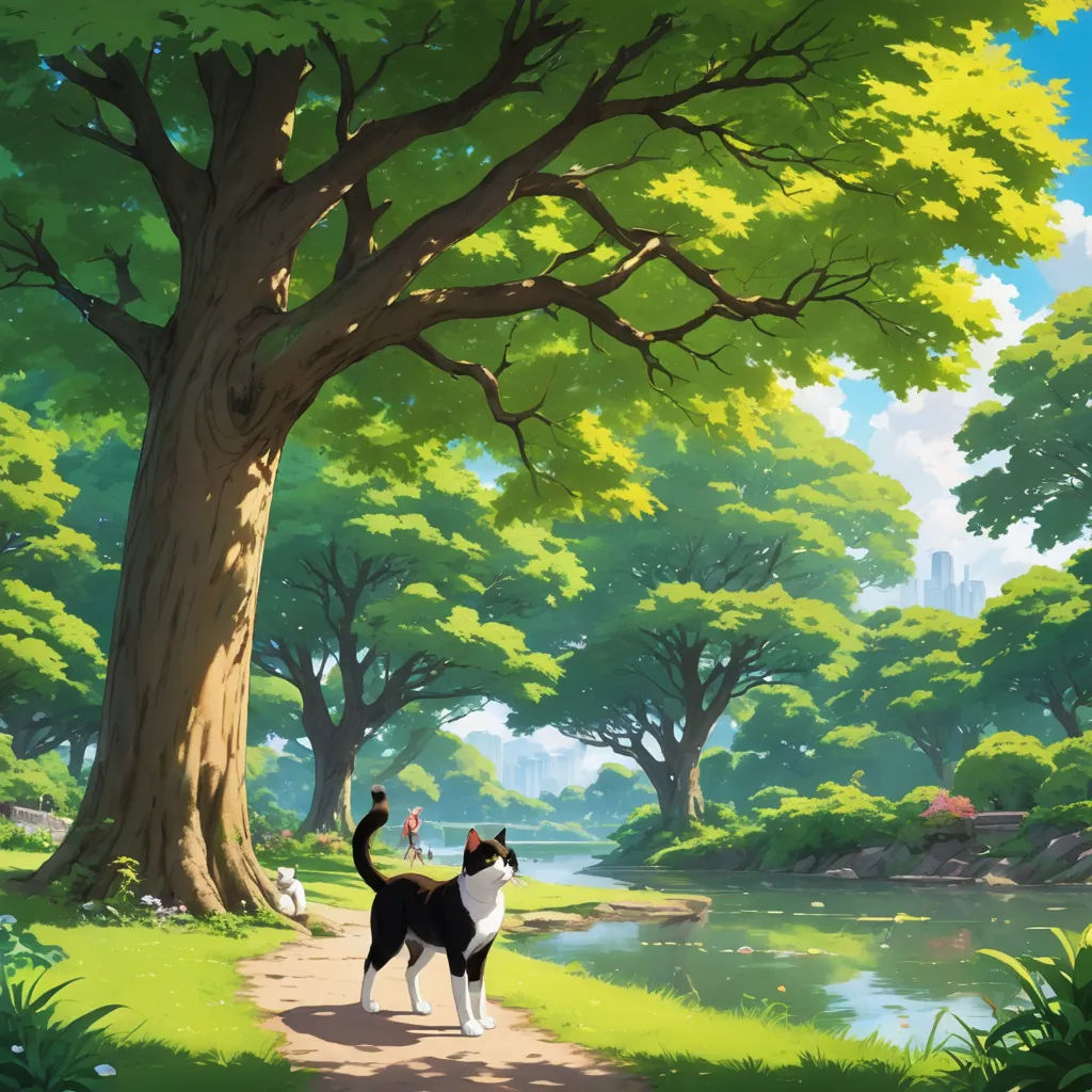 a dog standing on a path next to a tree and a lake in a park with people walking on the path, furry art, a detailed matte painting, Andreas Rocha, official art