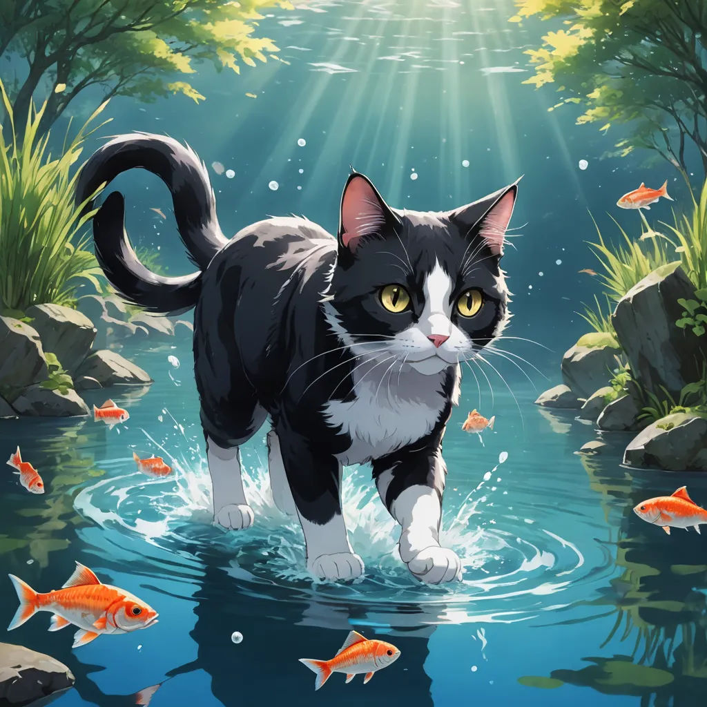 a cat is walking through a pond of water with fish around it and sunlight shining down on the water, sots art, a storybook illustration, Chippy, official art