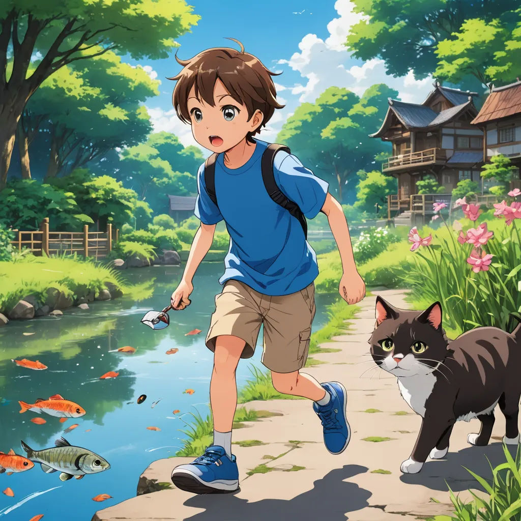 a boy running with a cat and a cat walking behind him on a path near a pond and a house, american scene painting, a storybook illustration, Adam Manyoki, kyoto animation