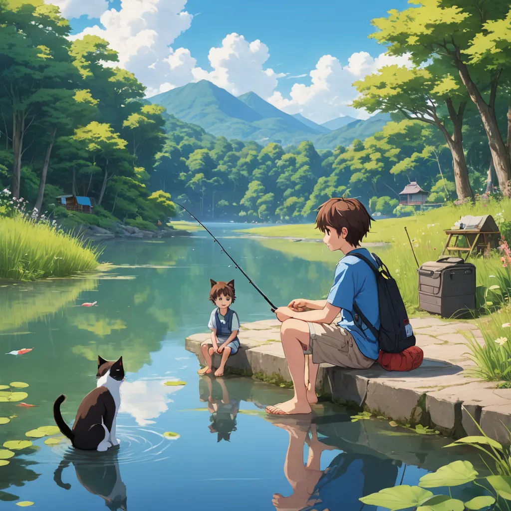 a boy and a cat are sitting on a dock by a river while a boy is fishing with a cat, american scene painting, a detailed painting, Atey Ghailan, official art