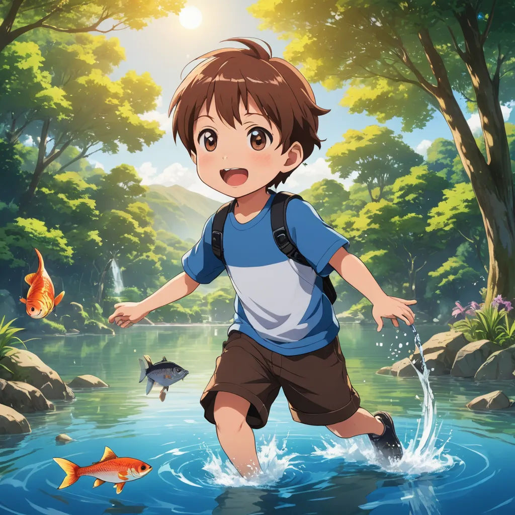 a boy is running through a river with fish in it and a fish in the water behind him,, sots art, concept art, Adam Manyoki, official art