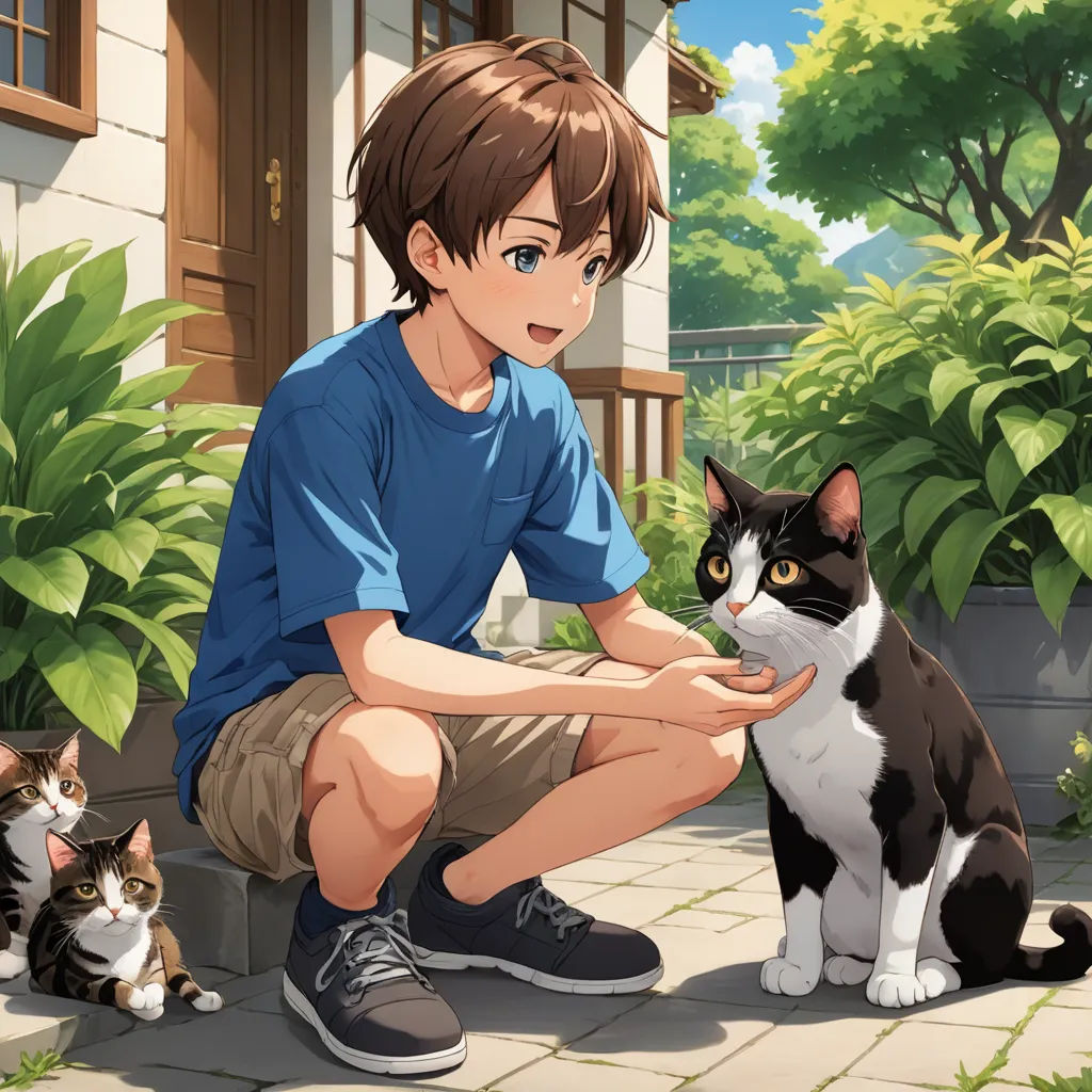 a boy sitting on the ground with a cat and a kitten behind him, in front of a house, sots art, a detailed painting, Adam Manyoki, official art