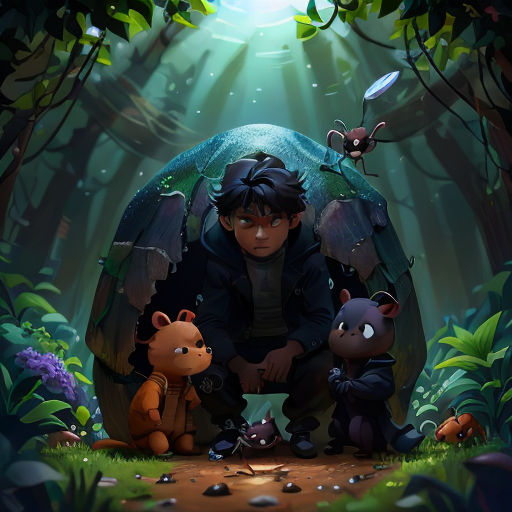 a man kneeling down next to a group of animals in a forest with a light shining on him and a forest background