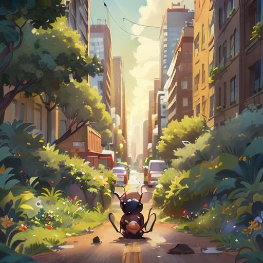 a cartoon character riding a motorcycle down a street in a city with tall buildings and trees on both sides