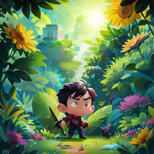 a boy in a forest with a rifle and sunflowers in the background, with a sunbeam