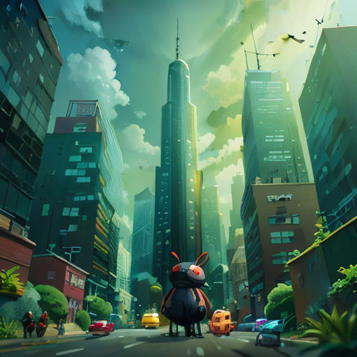 a cartoon character standing in the middle of a city street with a bug on it's back and a city in the background