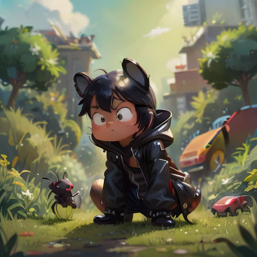 a cartoon character kneeling down in the grass with a bug in front of her and a city in the background