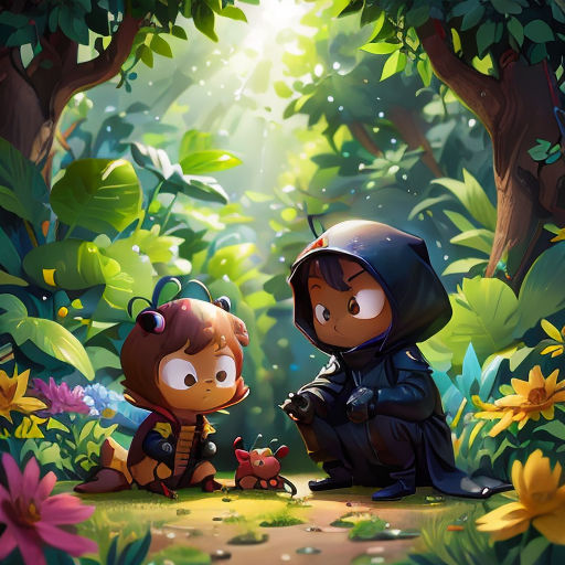 two children in a forest with a bug on their lap and a lady bug on their lap, looking at each other