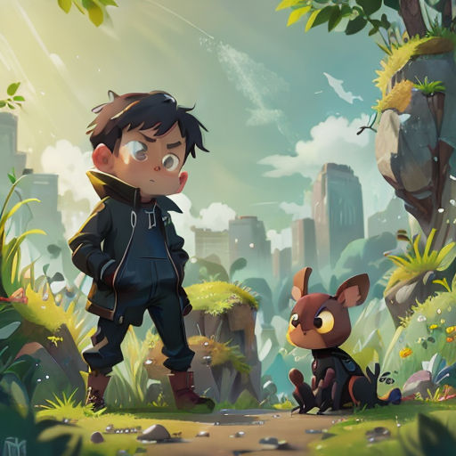 a boy and a dog in a cartoon scene with a city in the background and a bird flying overhead