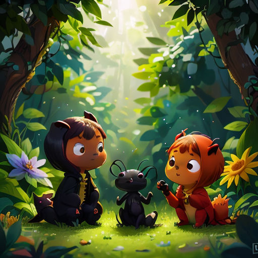 a couple of animals that are in the grass near trees and flowers, with a forest background, and a light shining through the trees