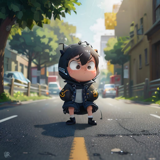 a character from the animated movie overwatch standing on a street corner in a city with buildings and trees