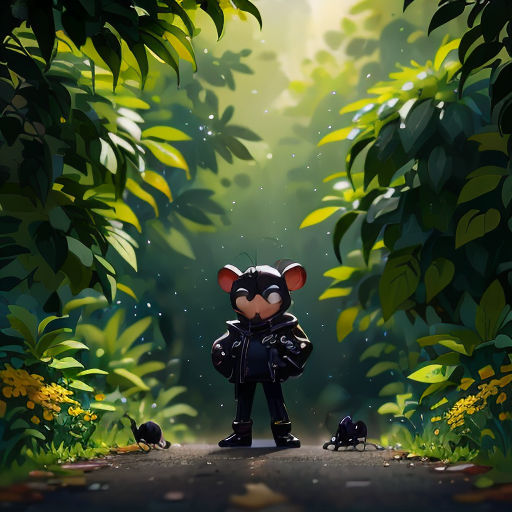 a cartoon character standing in the middle of a forest with a cat on his back and a dog on the ground