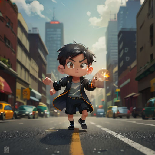 a cartoon character is walking down the street in a city with tall buildings and cars behind him, with a person in the foreground