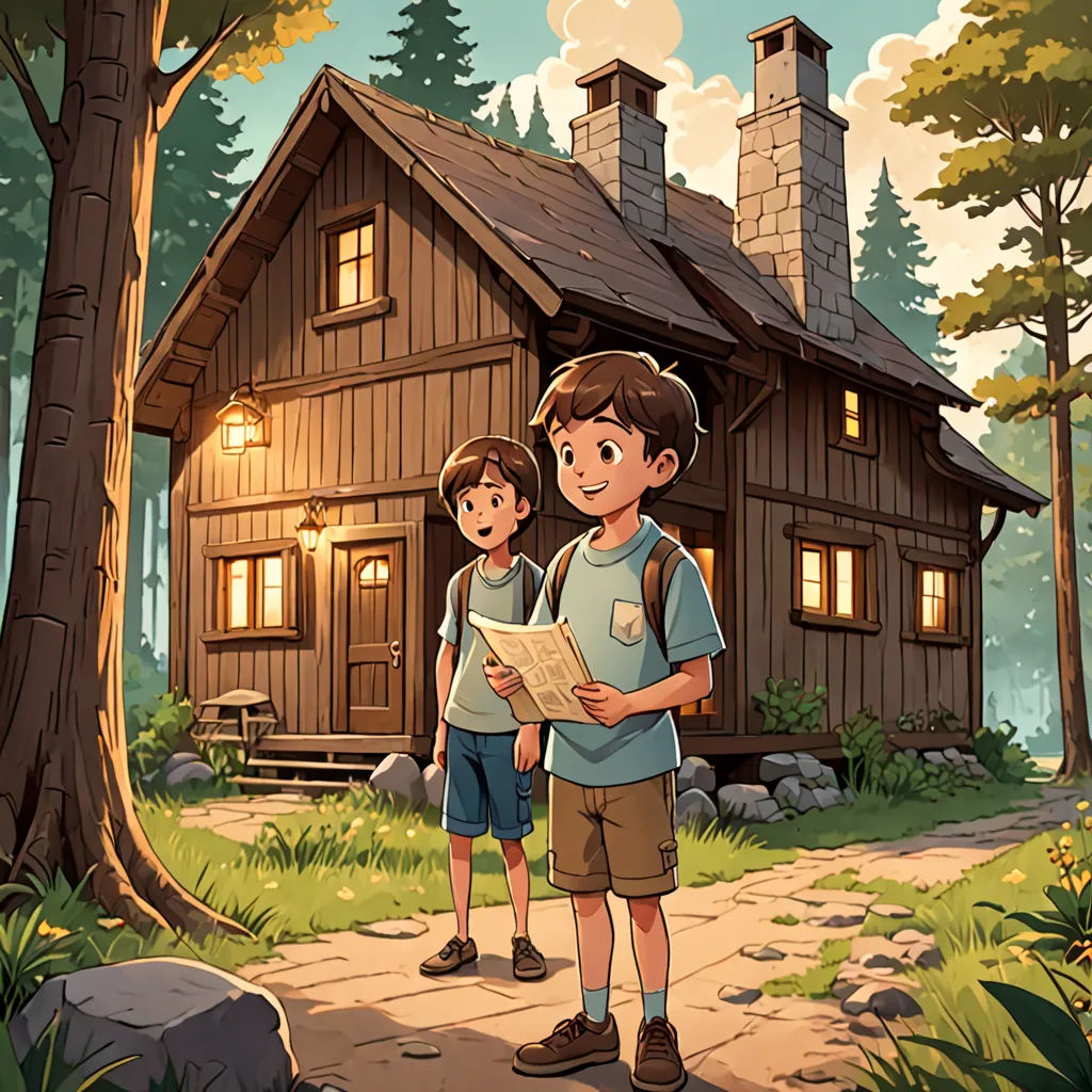 a boy and a boy are standing in front of a cabin in the woods with a map in hand, plein air, a storybook illustration, Diego Gisbert Llorens, official art