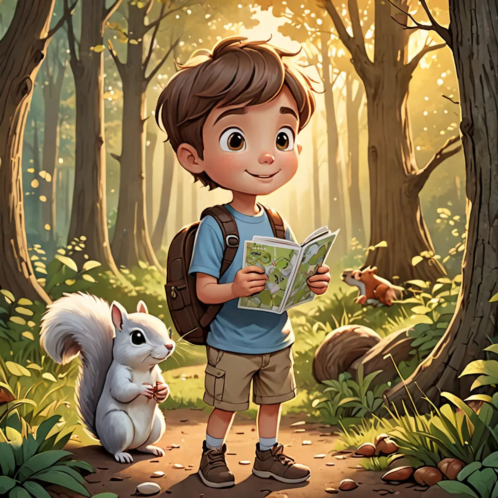 a boy is standing in the woods reading a book with a squirrel nearby him and a squirrel looking at the book, fantasy art, a storybook illustration, Chris LaBrooy, storybook illustration