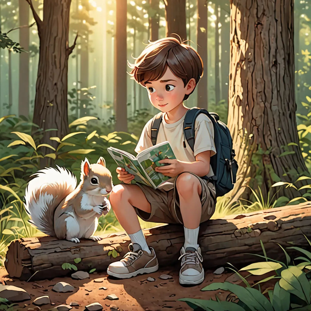a boy sitting on a log reading a book next to a squirrel in the woods with a forest background, american scene painting, a storybook illustration, Aaron Jasinski, rossdraws global illumination