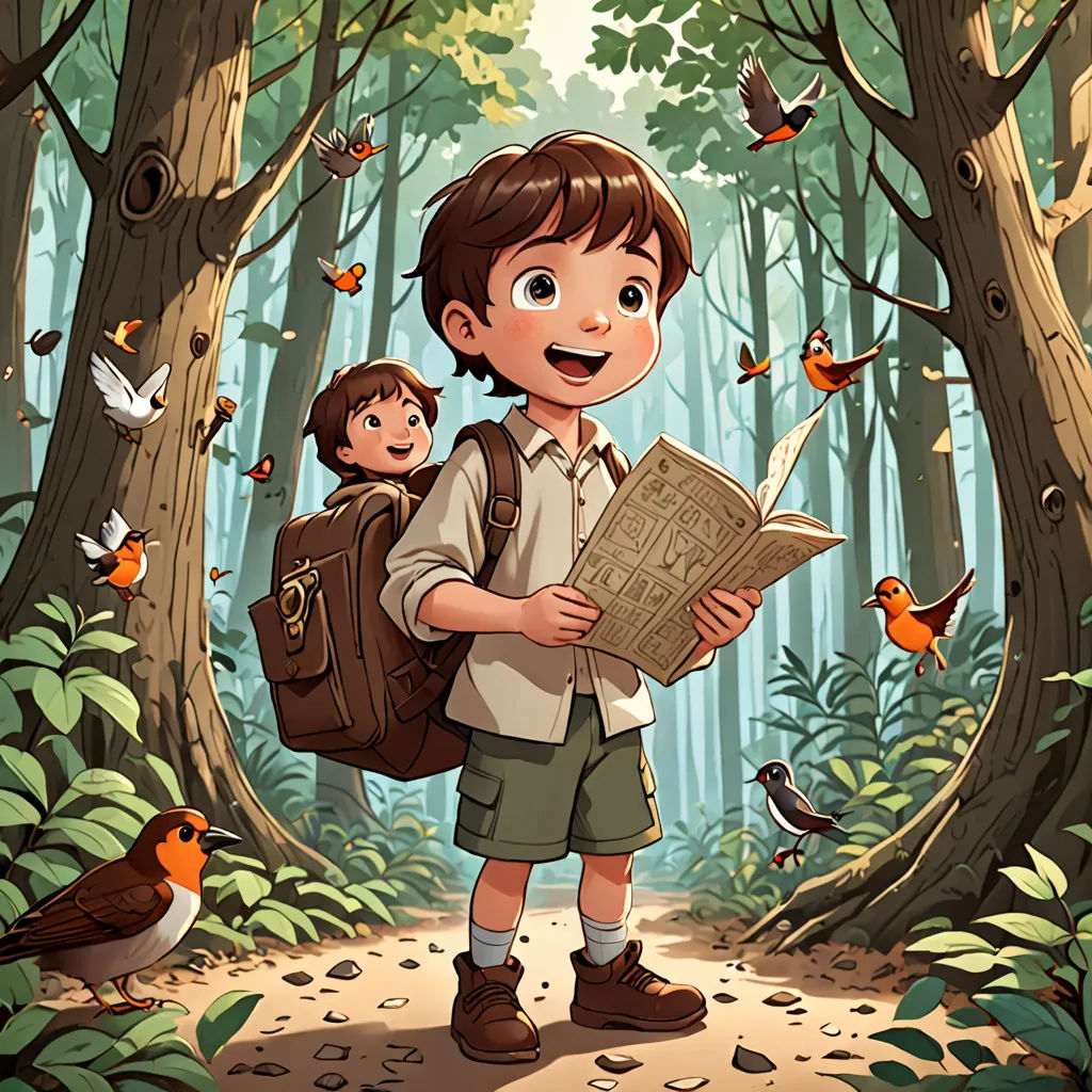 a boy with a backpack and a book in the woods with birds around him and a bird on his shoulder, fantasy art, a storybook illustration, Diego Gisbert Llorens, storybook illustration