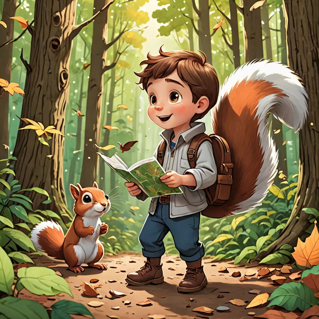 a boy reading a book in the woods with a squirrel nearby and a squirrel looking at it while standing on a path, furry art, a storybook illustration, Chris LaBrooy, storybook illustration