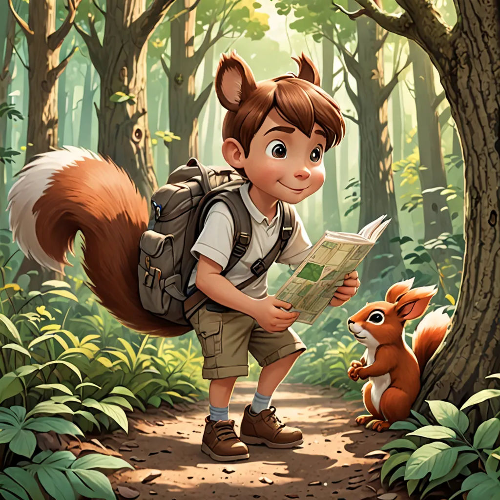 a boy is reading a book in the woods with a squirrel nearby and a squirrel looking at it from the ground, furry art, a storybook illustration, Chris LaBrooy, storybook illustration