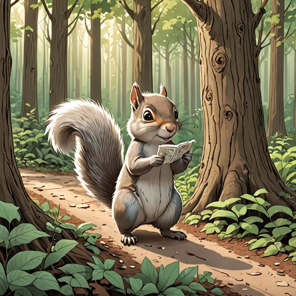 a squirrel is reading a newspaper in the woods by a tree trunk and a path through the woods is a path with leaves and a tree trunk with a squirrel is standing on the, furry art, a storybook illustration, Chris LaBrooy, official art