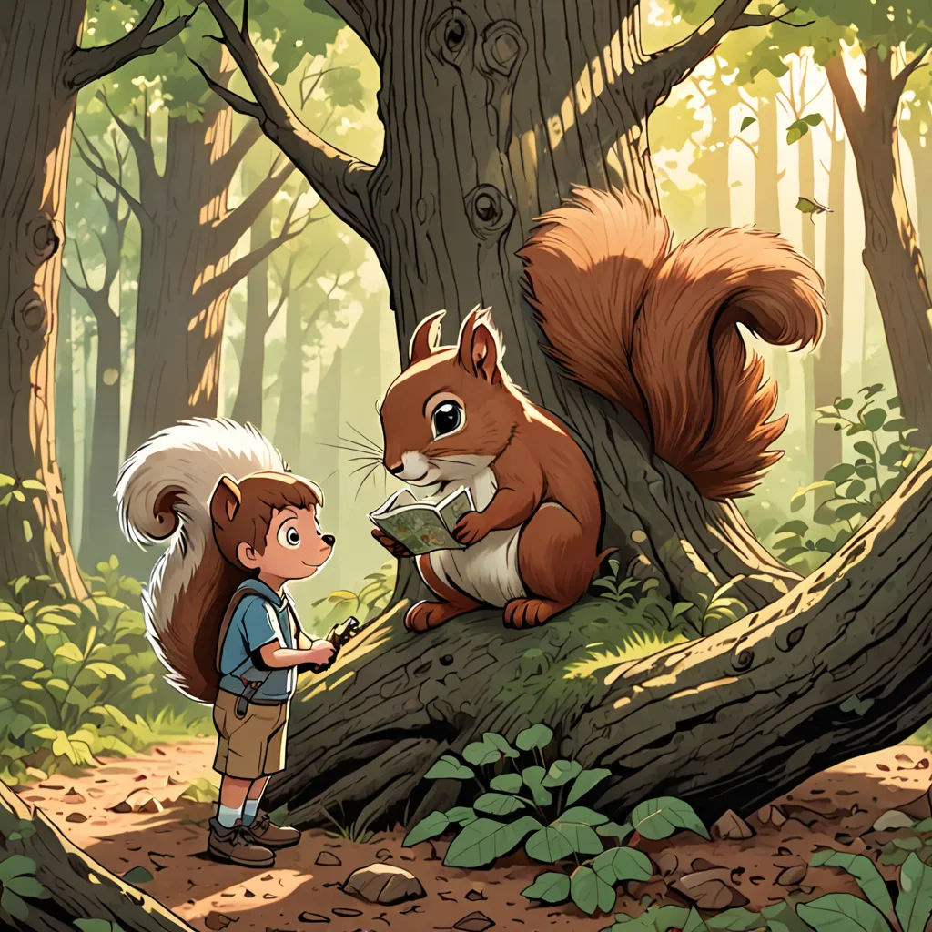 a boy is looking at a squirrel in the woods with a squirrel on a tree trunk and another squirrel on a log, american scene painting, a storybook illustration, Aaron Jasinski, storybook illustration