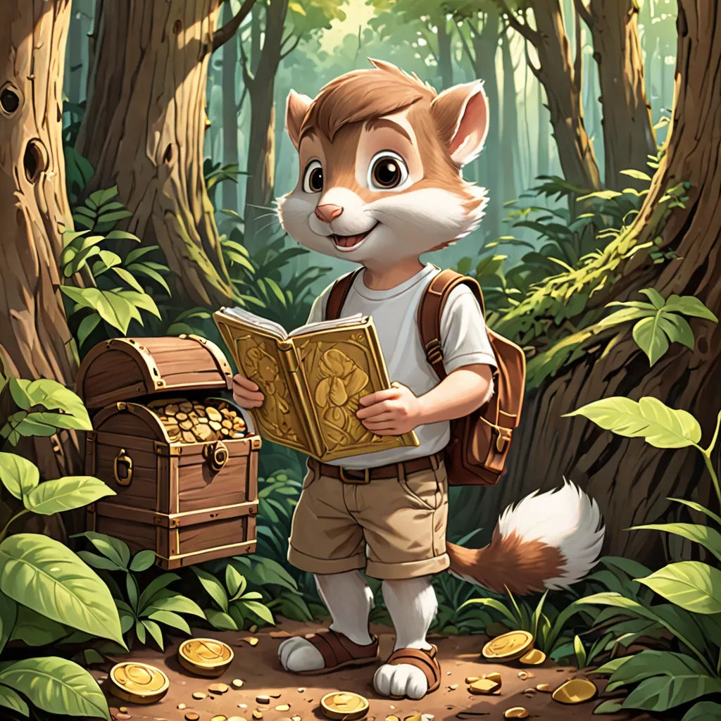 a cartoon character is reading a book in the woods with a chest of gold coins in front of him, furry art, a storybook illustration, Aaron Jasinski, official art