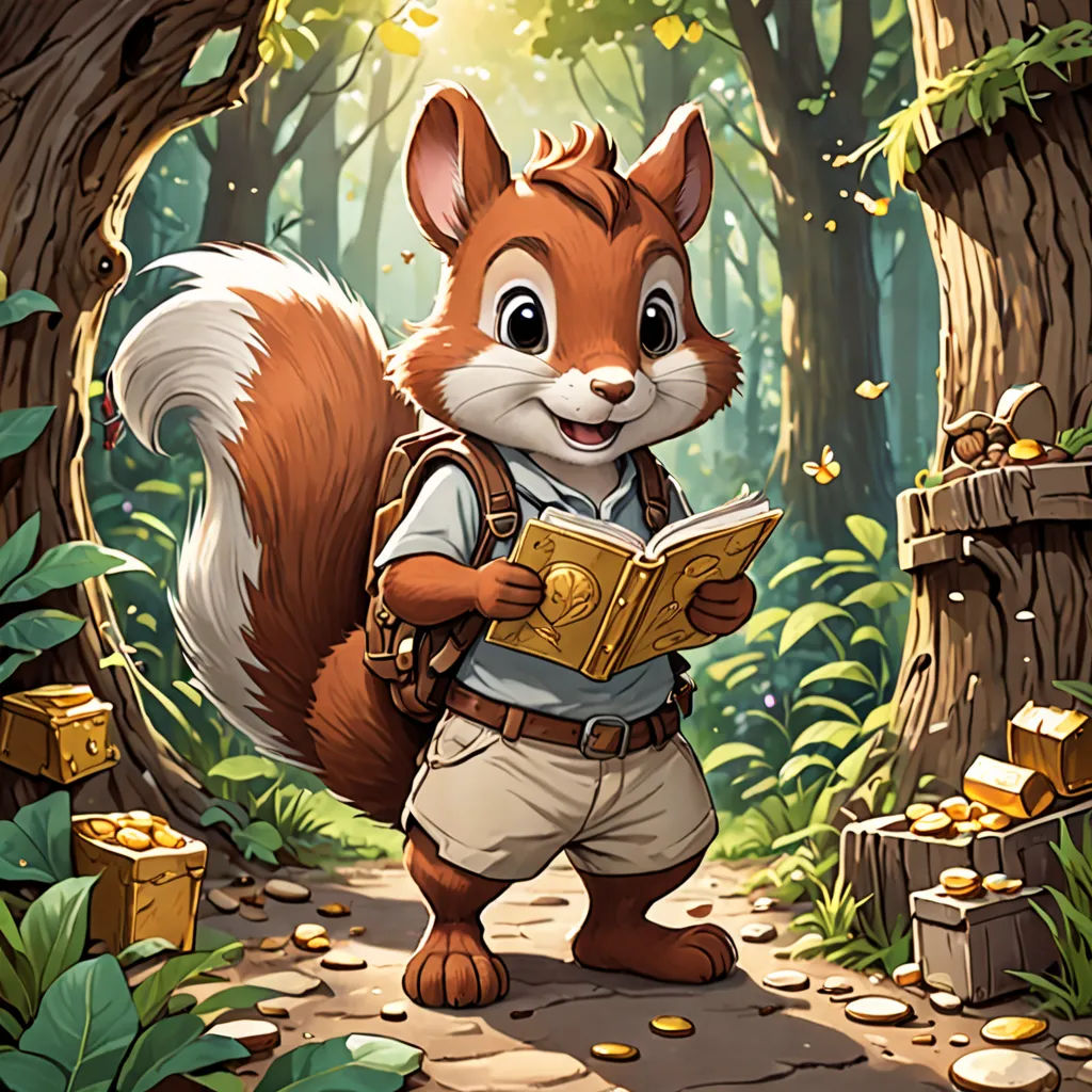 a cartoon squirrel is reading a book in the woods with a forest background and a forest scene with a squirrel, furry art, a storybook illustration, Chris LaBrooy, official art
