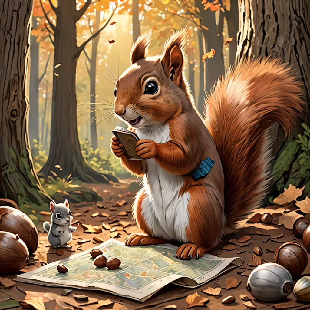 a squirrel is sitting on a map and eating nuts in the woods with a squirrel nearby and a squirrel looking at a map, altermodern, a detailed painting, Chris LaBrooy, official art