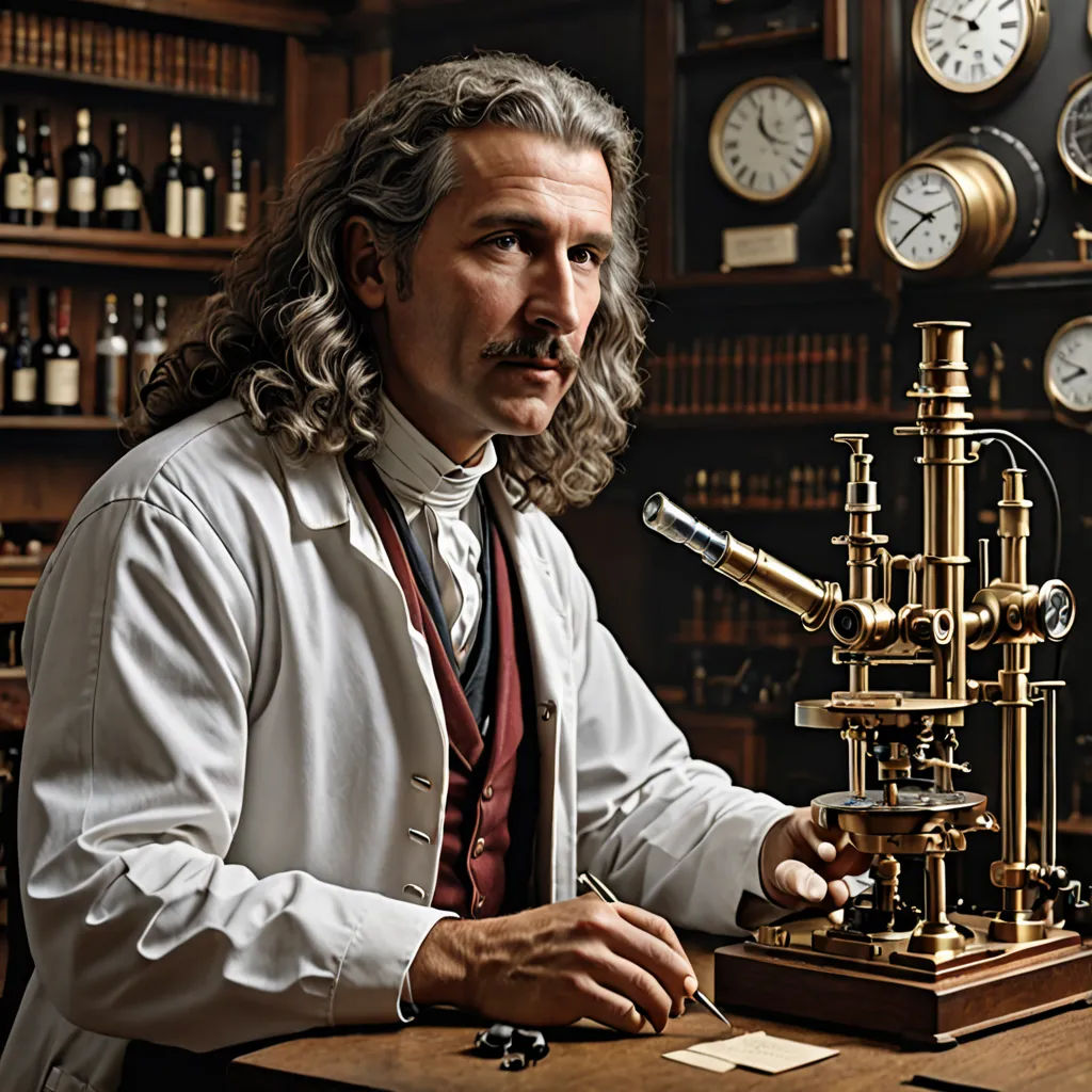 a man sitting at a desk with a microscope in front of him and a clock in the background behind him, pre-raphaelitism, a microscopic photo, Ernst Haeckel, promotional image