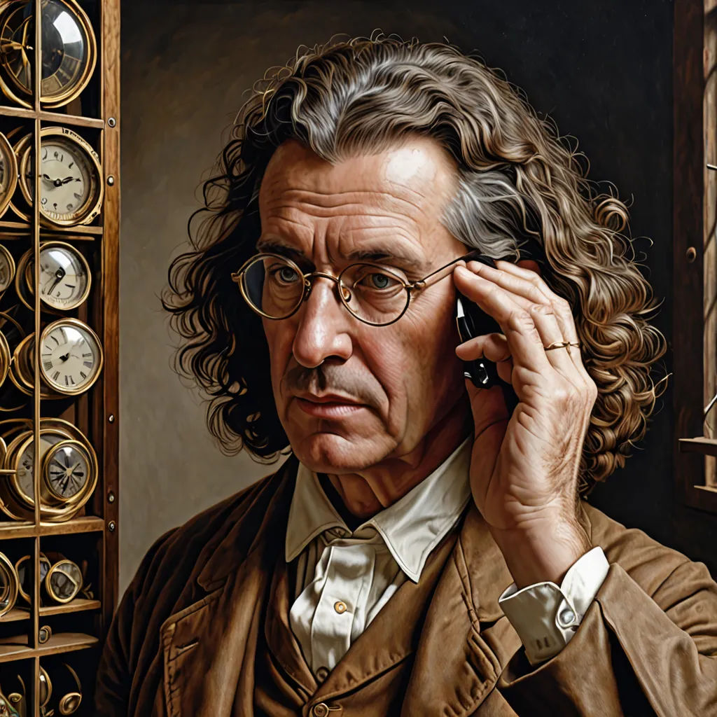 a painting of a man with glasses talking on a cell phone with a clock in the background and a clock tower in the foreground, classical realism, an ultrafine detailed painting, Carel Willink, pj crook