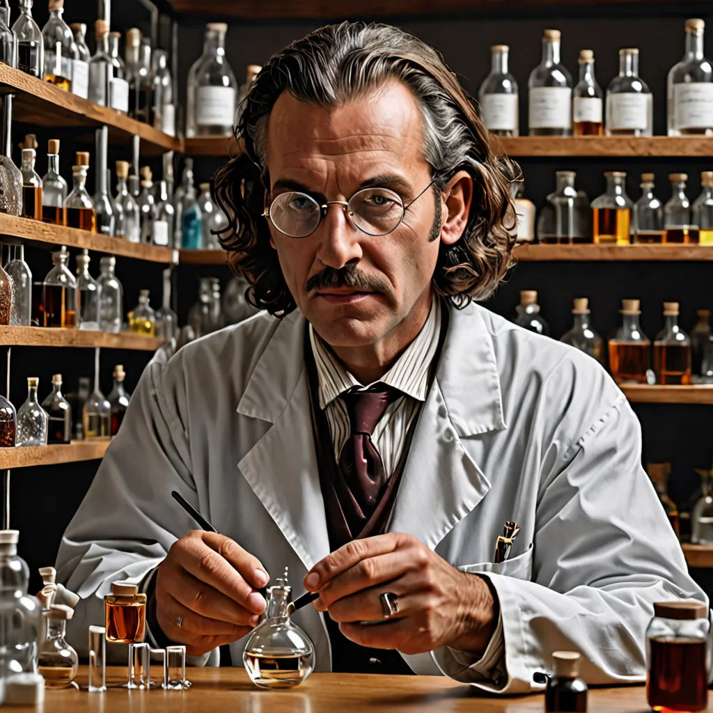 a man in a lab coat is holding a beakle in front of a shelf of bottles and glasses, arts and crafts movement, a character portrait, Christian W. Staudinger, promotional image