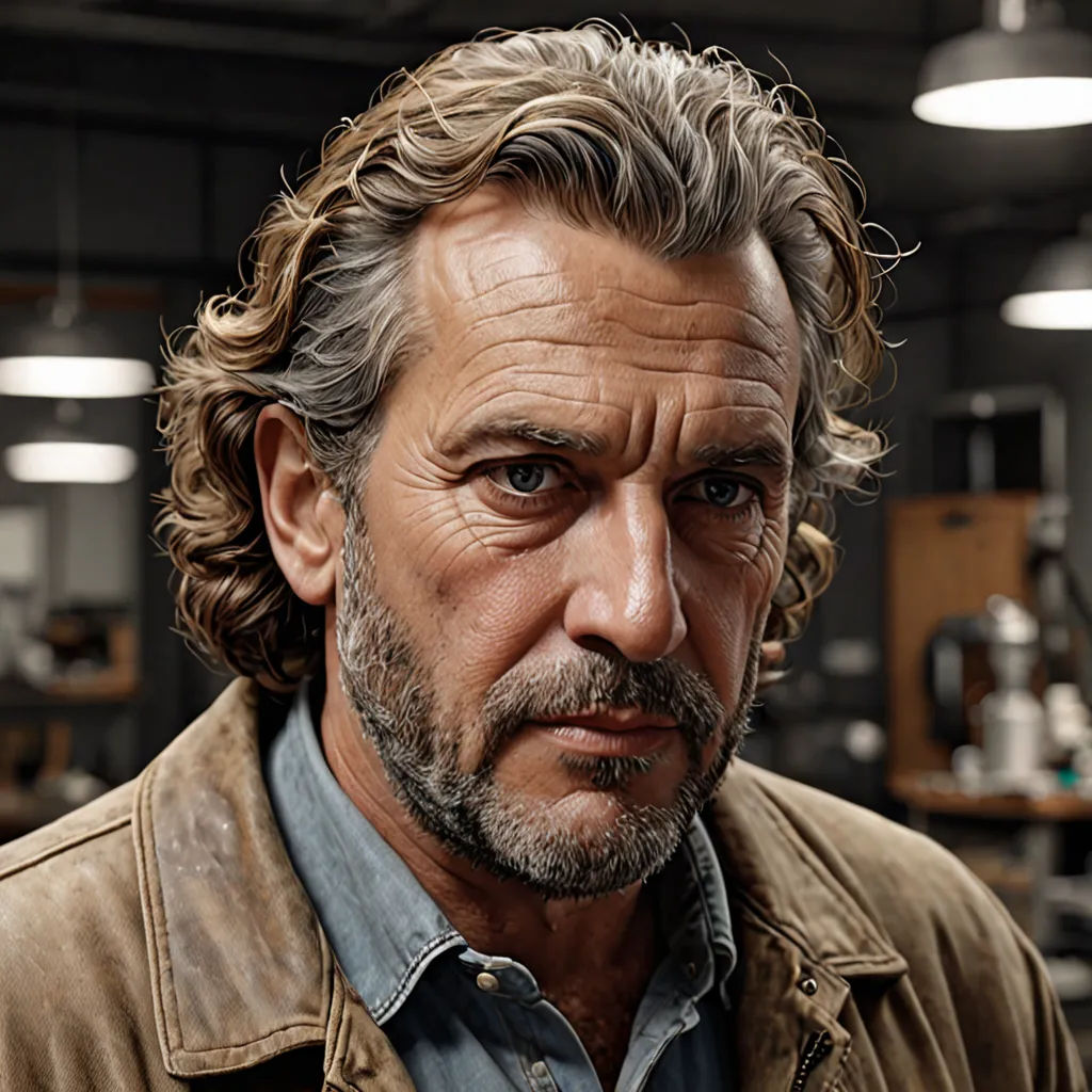 a man with a beard and a leather jacket in a room with lights and a table with a laptop, hyperrealism, a photorealistic painting, Eric de Kolb, promotional image