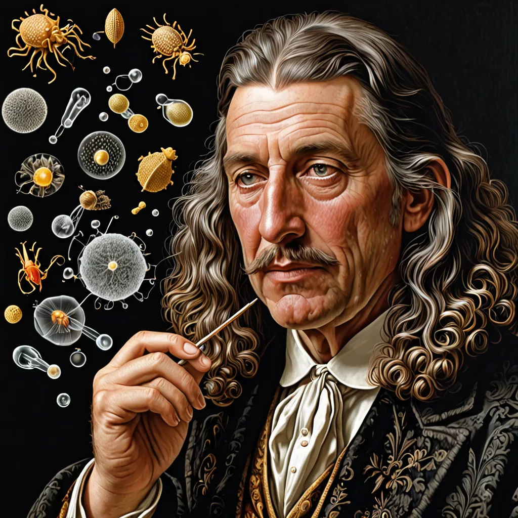 a painting of a man with long hair and a mustache holding a stick in his hand and surrounded by other things, neoplasticism, an ultrafine detailed painting, Christian W. Staudinger, highly detailed digital painting