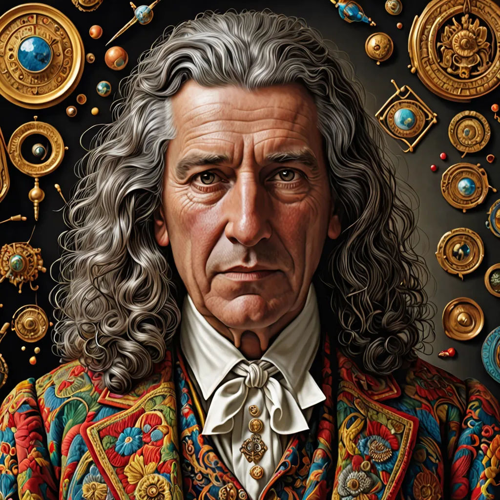 a painting of a man with long hair and a suit on, surrounded by gold and jewels, and surrounded by other objects, renaissance, an ultrafine detailed painting, Donato Giancola, highly detailed digital painting