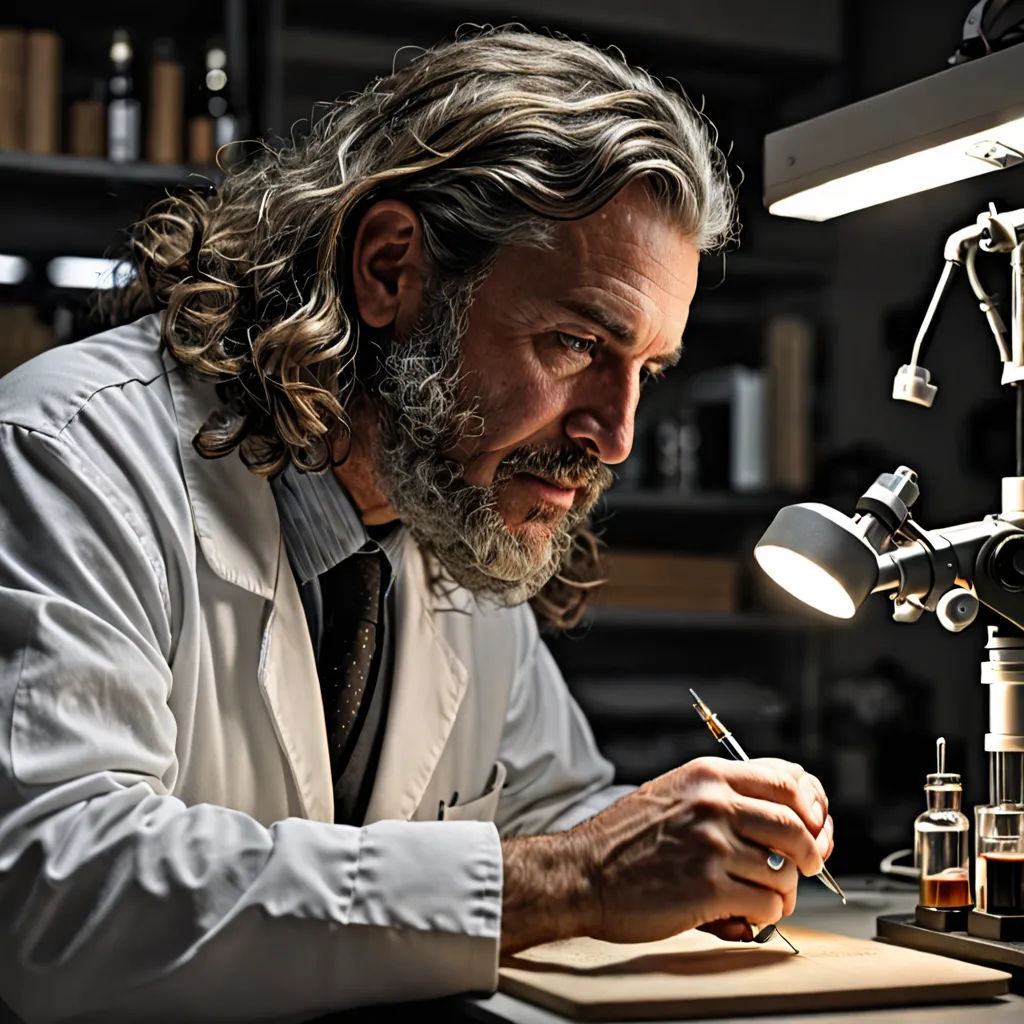 a man with long hair and a beard is writing in a book in front of a microscope lamp and a microscope, academic art, a stock photo, Ernst Haeckel, promotional image