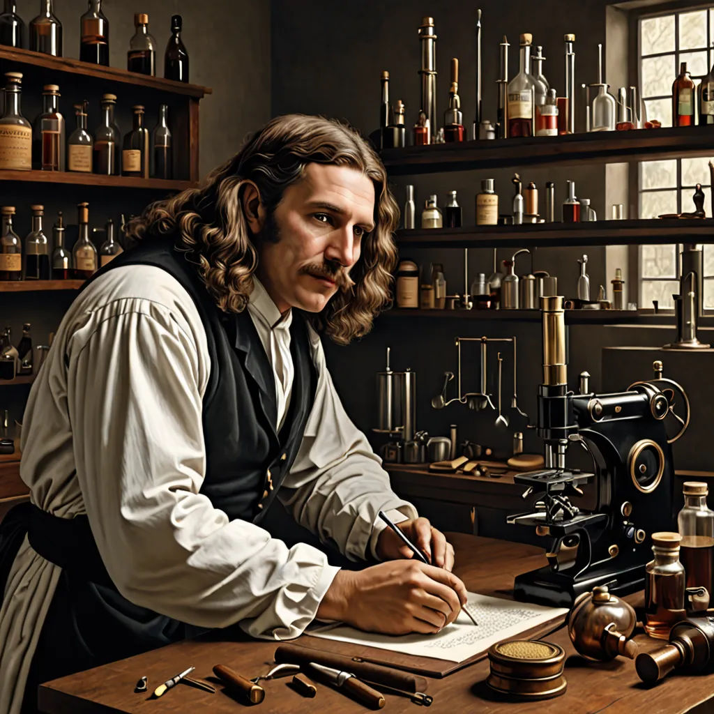 a man sitting at a table with a microscope and a book in front of him and a camera in front of him, arts and crafts movement, an airbrush painting, Carl Critchlow, highly detailed digital painting