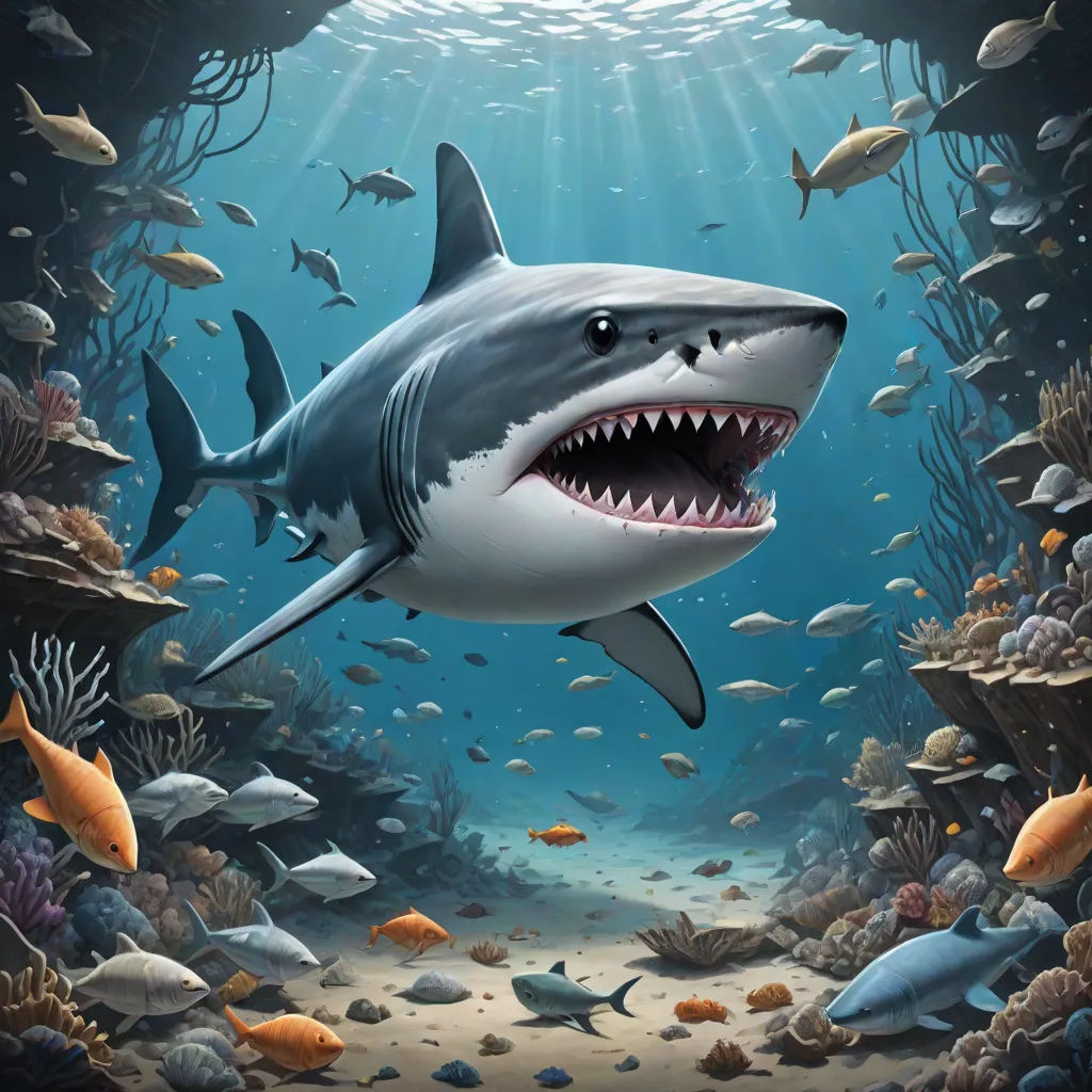 a shark with its mouth open in a sea with fish and corals under water with sunlight coming through, Chris LaBrooy, pop surrealism, an airbrush painting, highly detailed digital painting