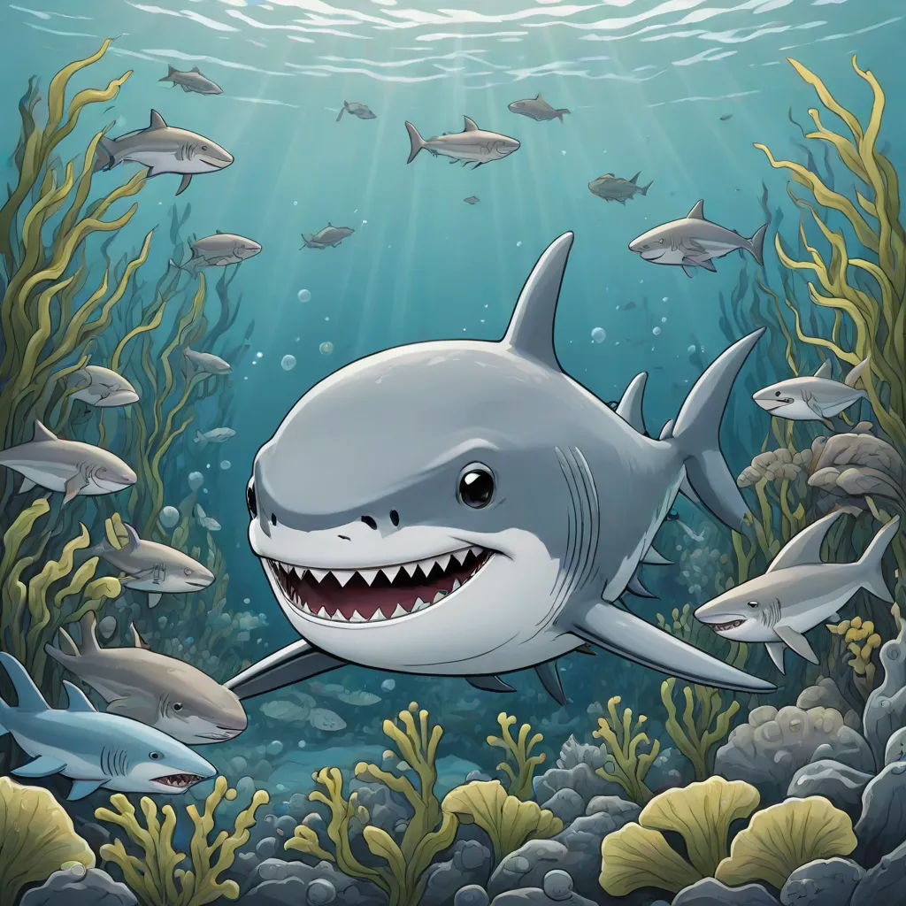 a shark with a large smile swimming in the ocean with other sharks around it and a coral reef with algaes, Chris LaBrooy, pop surrealism, a storybook illustration, 2 d game art