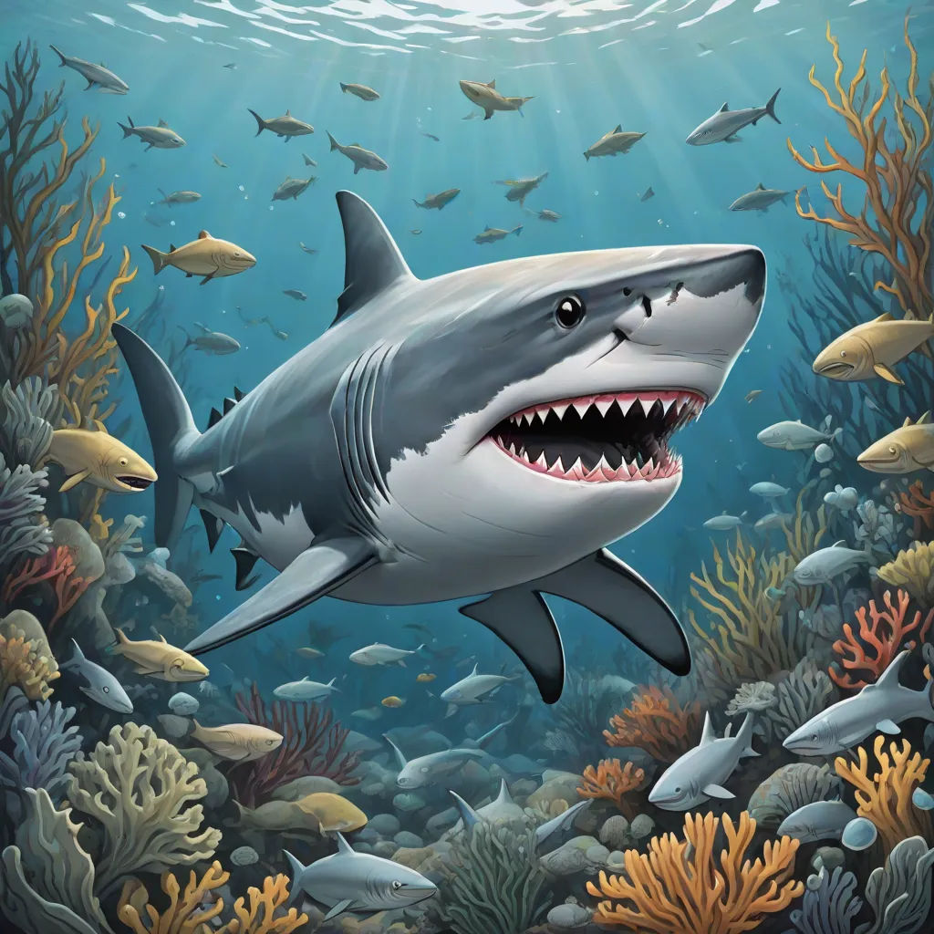 a shark with a large open mouth swimming in the ocean with fish around it and a sunbeam above it, Damien Hirst, pop surrealism, an airbrush painting, highly detailed digital painting