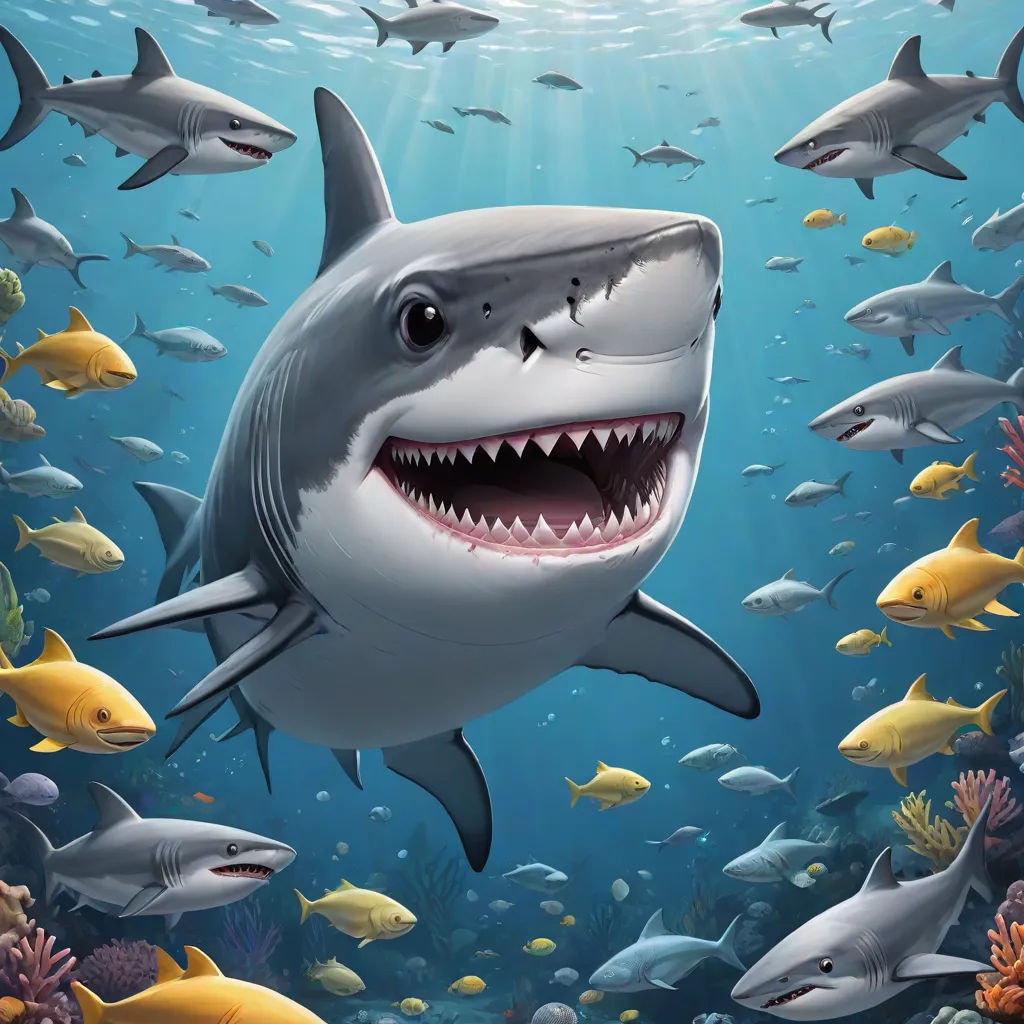 a shark with a large open mouth surrounded by fish in the ocean with sunlight coming through the water's surface, Chris LaBrooy, photorealism, a digital painting, highly detailed digital painting