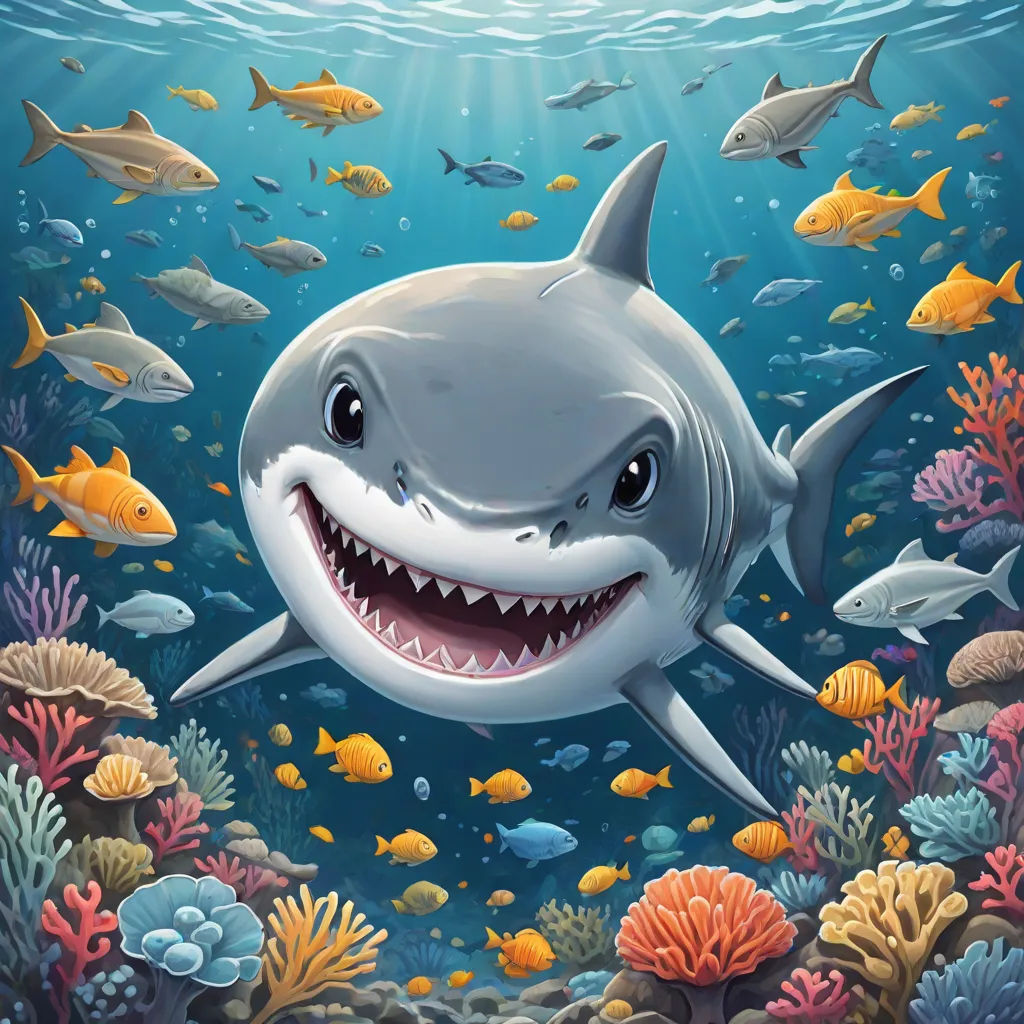 a shark with a big smile swimming in the ocean with fish around it and corals and other fish, Chris LaBrooy, pop surrealism, an airbrush painting, highly detailed digital painting