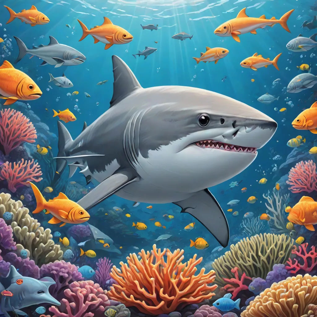 a shark and other fish swimming in the ocean with corals and sponges on the bottom of the water, Damien Hirst, computer art, a digital painting, highly detailed digital painting