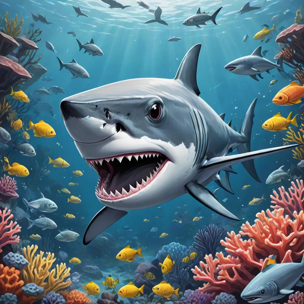 a shark with its mouth open and a lot of fish around it in the ocean with sunlight coming through the water, Damien Hirst, photorealism, a digital rendering, highly detailed digital painting