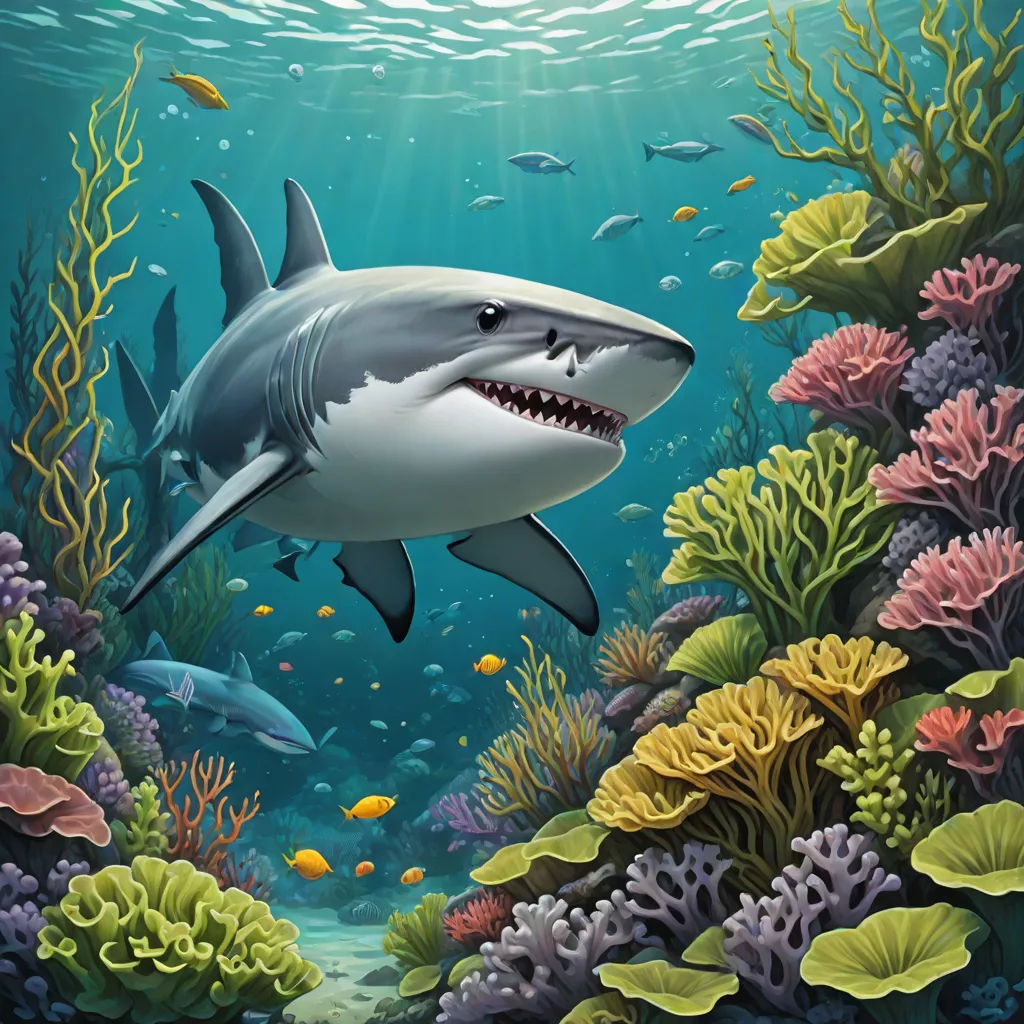 a shark swimming in the ocean with corals and other fish around it's perimeters and under the water surface, David Martin, fantasy art, a digital painting, highly detailed digital painting