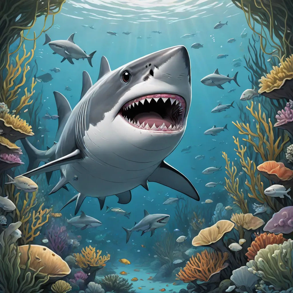 a shark with its mouth open in the ocean with other fish around it and a light shining on the water, Chris LaBrooy, pop surrealism, a digital painting, highly detailed digital painting