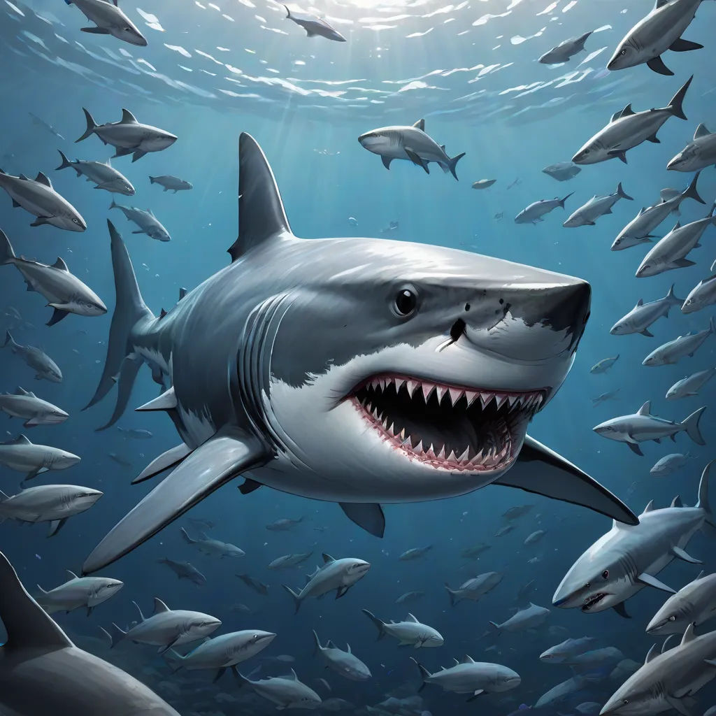 a shark with a large mouth surrounded by smaller sharks in the ocean with a sunbeam in the background, Damien Hirst, photorealism, a digital painting, highly detailed digital painting