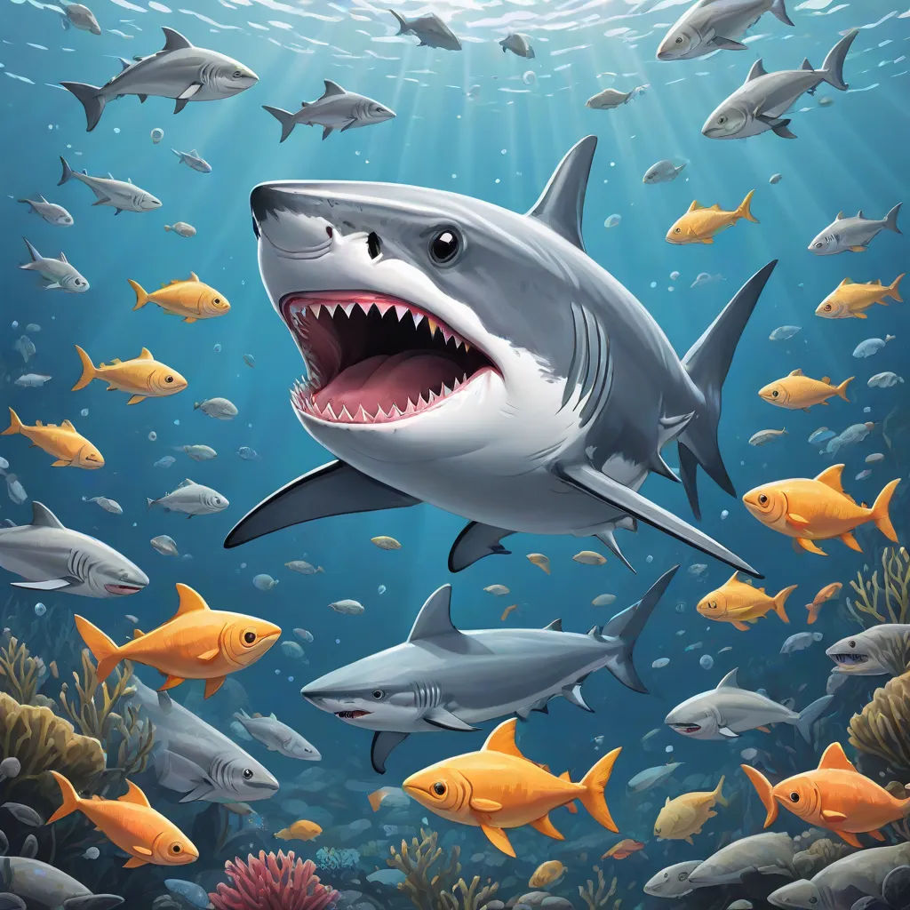 a shark with its mouth open surrounded by fish in the ocean with sunlight coming through the water's surface, Damien Hirst, pop surrealism, a digital painting, highly detailed digital painting