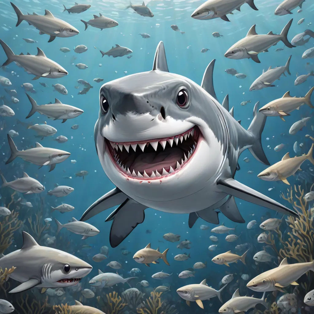 a shark with a large mouth surrounded by fish in the ocean with a sunbeam in the background and a shark with a large mouth, Chris LaBrooy, pop surrealism, a digital painting, highly detailed digital painting