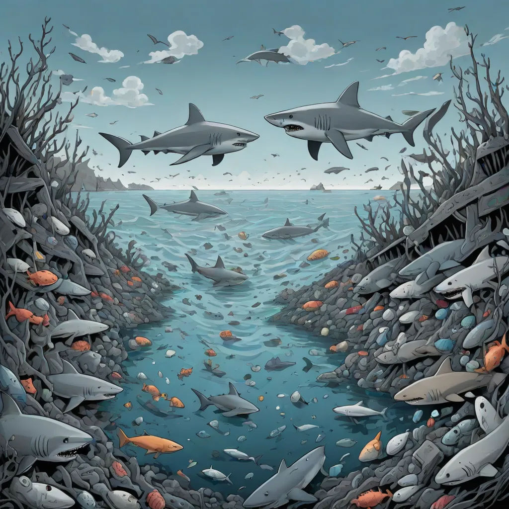 a painting of a group of sharks swimming in a sea of rocks and water with a coral reef in the foreground, Chris LaBrooy, naturalism, a detailed painting, detailed illustration