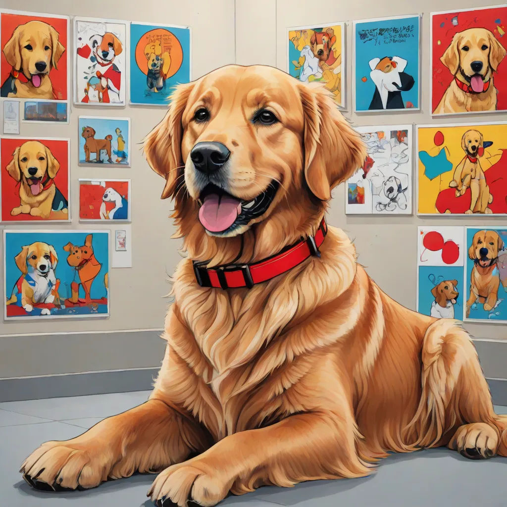 a painting of a dog sitting in front of a wall of pictures of dogs on it's walls, furry art, a photorealistic painting, artist, highly detailed digital painting